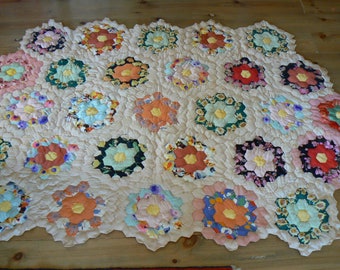 A BIT TATTERED Set of Large and Small Vintage Quilted Throws, Honeycomb Hexagon design,  65"X43" Multi Grandmothers Flower Garden