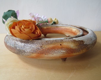 Ceramic Pansy Plumeria Ring, 7.6 inch, low profile centerpiece Ikebana Vase, wood and soda fired