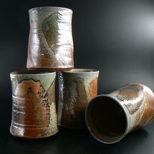 Set of four Ceramic Tumbler Mugs, 12 oz, wood and soda fired