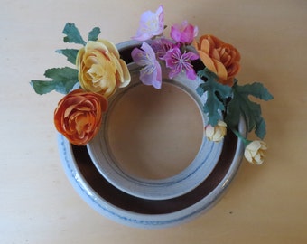 Low Pale Blue Vase, 7 inch across, Wood and Soda Fired, Ceramic Pansy Ring, pottery ikebana flower Centerpiece