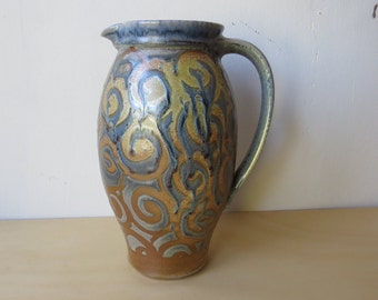 large 10 cup jug ceramic pitcher, wood and soda fired pottery, brown/golden/blue