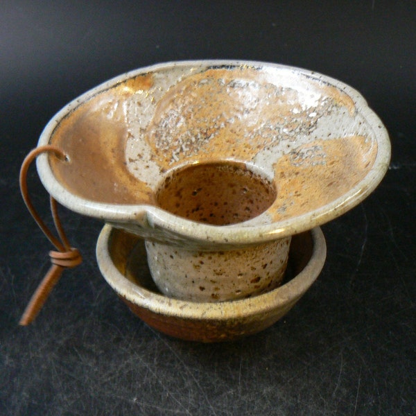 single cup Tea infuser SET with small bowl, thrown handmade pottery, Ceramic Tea strainer, wood and soda fired