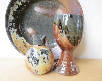 Zeitgenössischer Shabbat Kiddush/Havdalah Keramik Set, Holz und Soda gebrannt