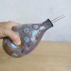 Olive oil dispenser, ceramic olive oil bottle, pottery cruet, wood and soda fired, rustic kitchen housewarming gift