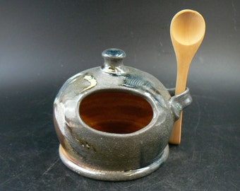 Ceramic salt cellar with spoon, Salt Pig, wood and soda fired pottery