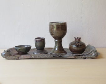 Handgemachte Keramik Havdalah Set, Holz und Soda gebrannte Keramik