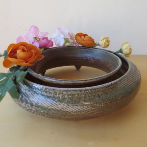 Low Profile Centerpiece, Ceramic Plumeria Pansy Ring Vase, pottery wood and soda fired ikebana