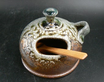 Ceramic salt Pig cellar with spoon, wood and soda fired, round salt cellar, rustic kitchen cooking salt