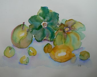 Gourds and Fruits 14X9.5 inch Original Watercolor Still Life