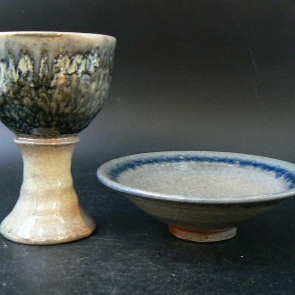 Ceramic Goblet, Chalice and Paten, Kiddush cup and saucer, Wood and Soda fired pottery