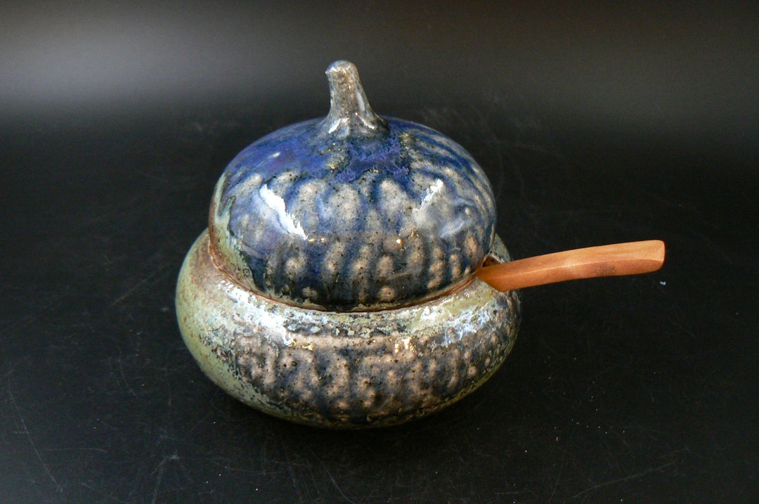 Blue Ceramic Covered Jar, Honey Pot, Candy Jar, Tea Box, Wood Soda