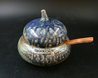 blue ceramic covered jar, honey pot, candy jar, tea box, wood soda fired