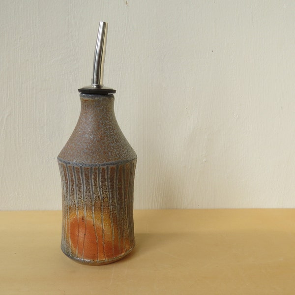 Ceramic Olive oil dispenser, pottery bottle cruet, wood and soda fired, hand made for rustic kitchen