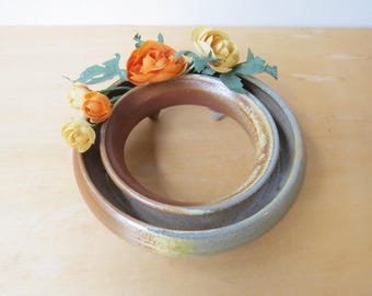 Ceramic Pansy Ring, 6.75 inch Low Profile Centerpiece Ikebana Vase, wood and soda fired