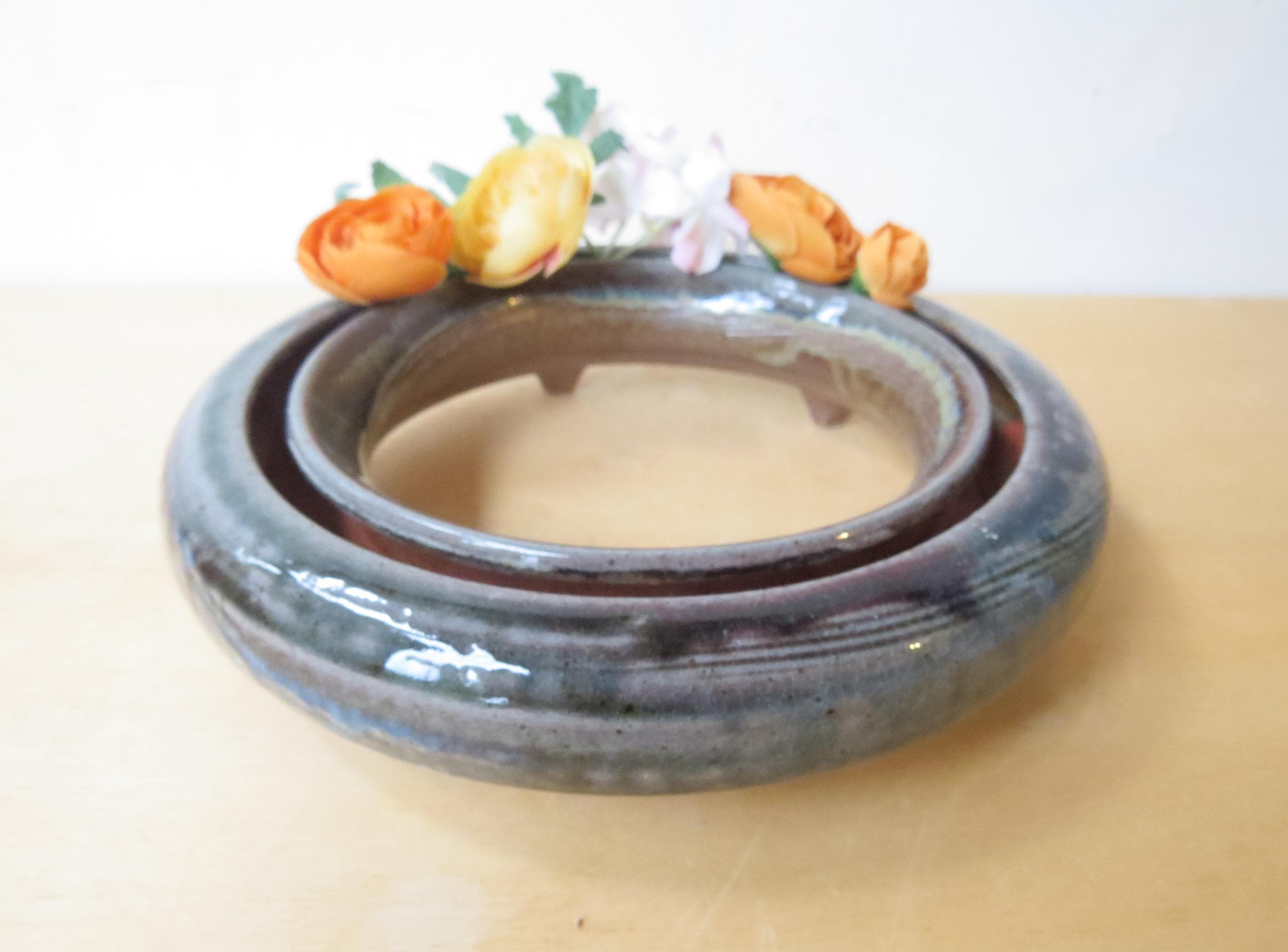Ceramic Pansy Plumeria Ring Ikebana Vase, Low Profile Centerpiece