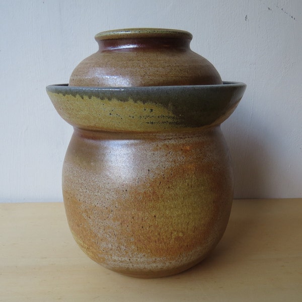 Water Sealed Fermentation Crock, 12 cups // 3 Quarts, pottery ceramic Wood and Soda Fired Jar, Lid and Weights