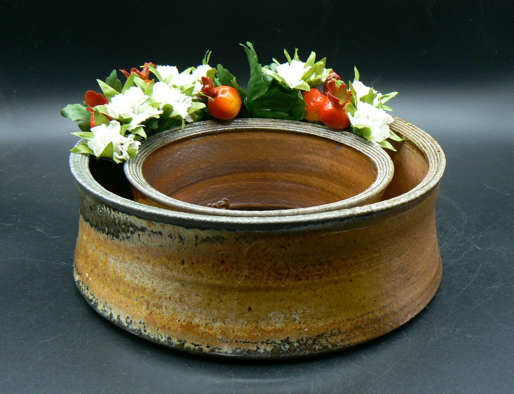 Ceramic Pansy Ring Low Profile Centerpiece Ikebana Vase Wood