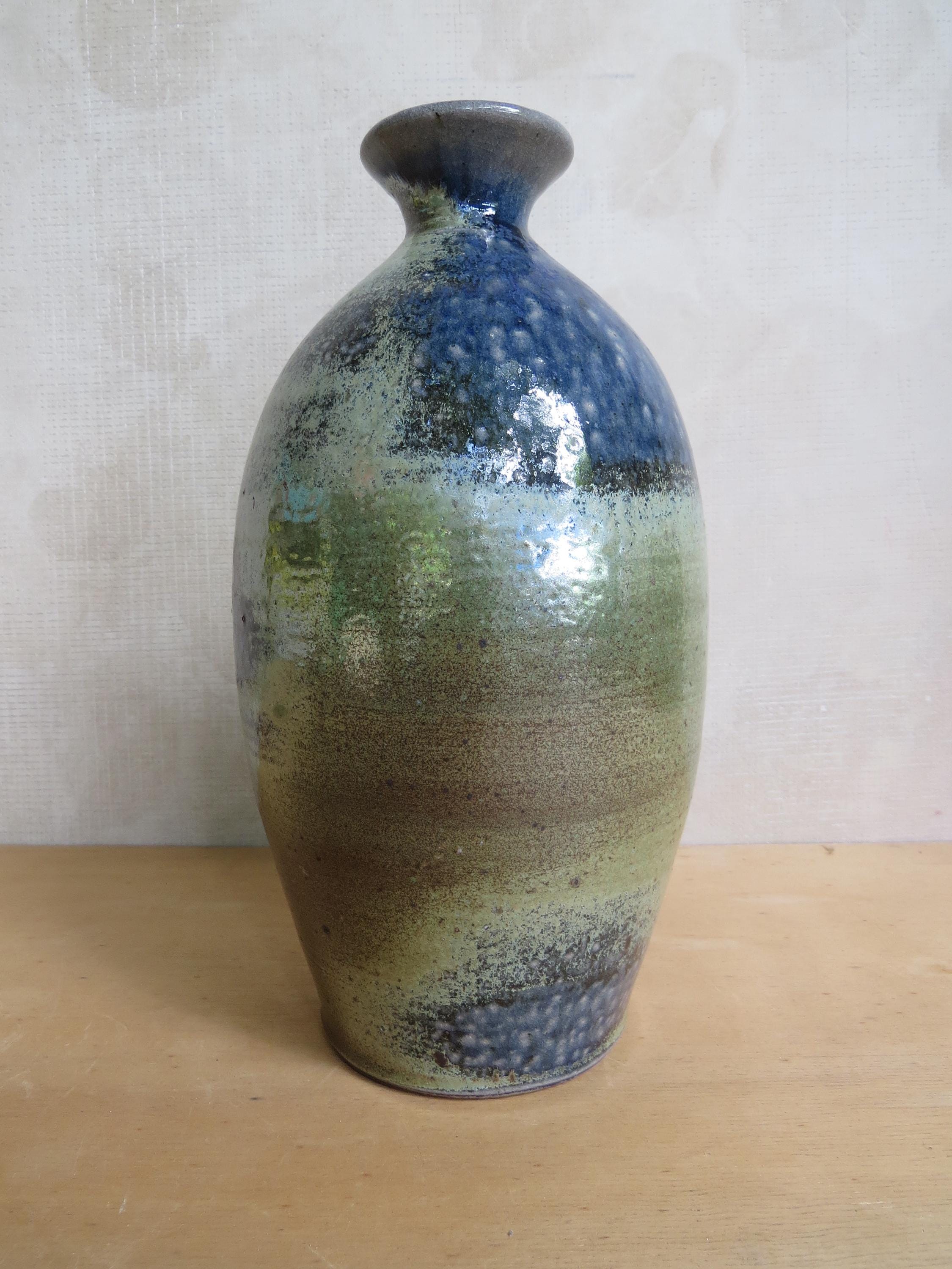 陶器のボトル花瓶、青/緑、9.75インチ、木とソーダで焼成 - Etsy 日本