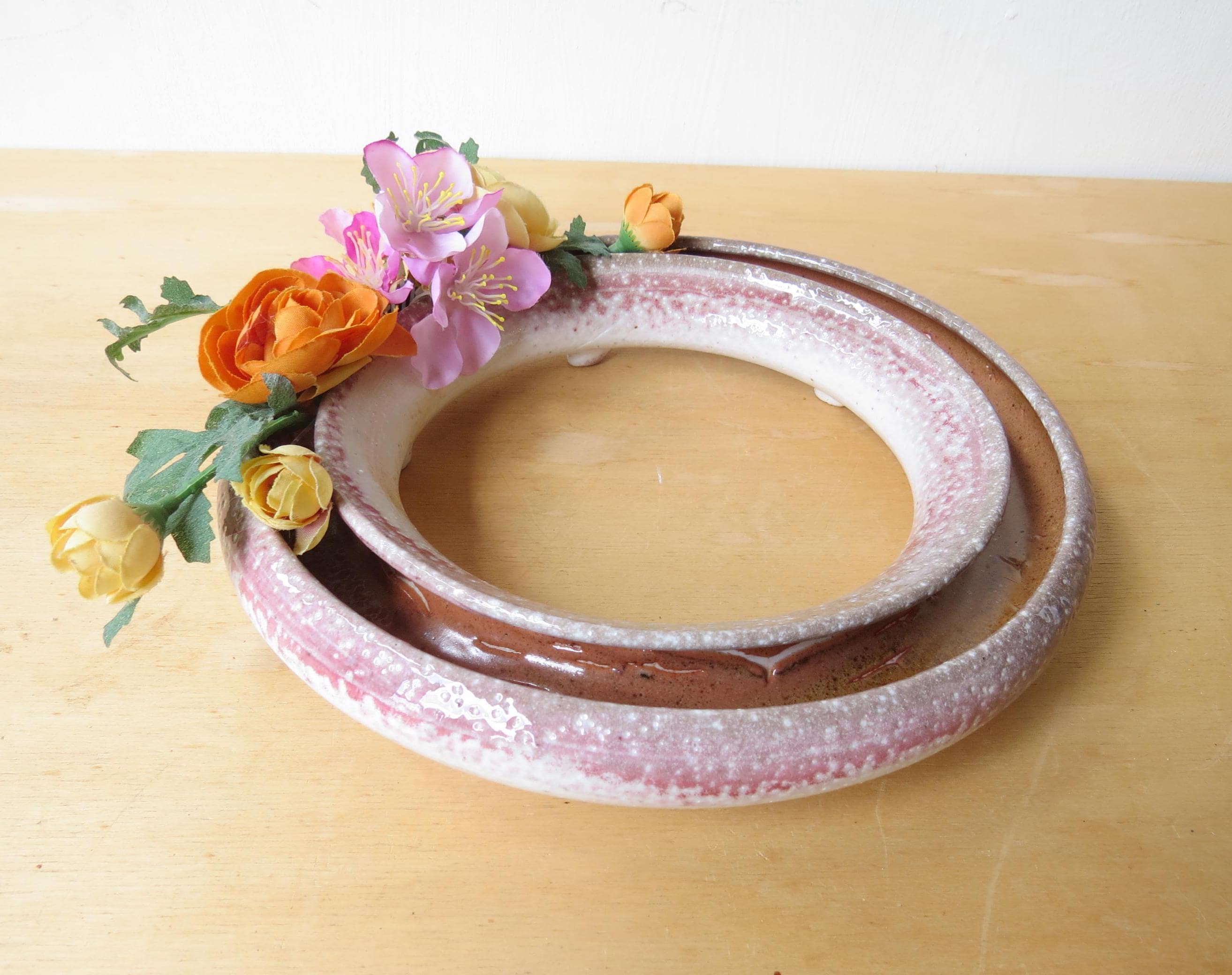 Ceramic Pansy Ring, Ikebana Vase, wood and soda fired, 8 inch Table Centerpiece
