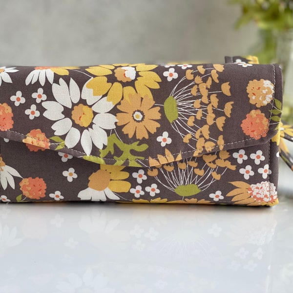 Gray Floral Wallet, Boho Clutch Purse, Fabric Wallet, Orange Floral, Yellow Floral, Grey, Cell Phone Purse, Boho Wristlet, Washable