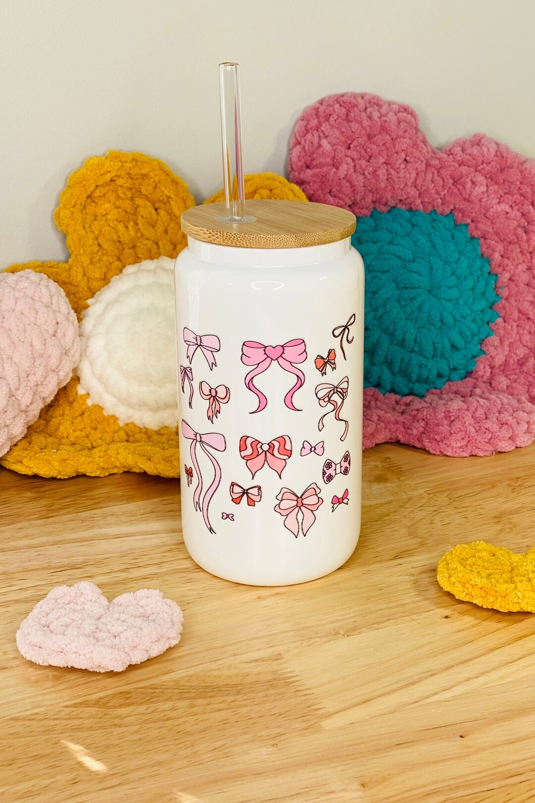 Pink Bow Glass Cup, Coquette Bow Glass, 16 Oz Iced Coffee Cup, Trendy ...