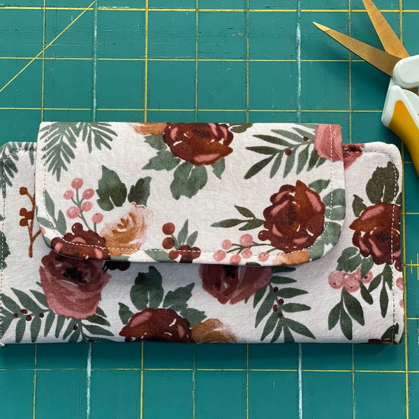 Rose Floral Wallet, Green Floral Wallet, Fabric Wallet, Pink Floral Wallet, Large Wallet, Slim Wallet, Trifold Wallet, Washable Wallet