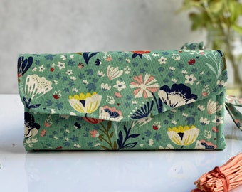 Green Floral Wallet, Boho Clutch Purse, Fabric Wallet, Blue Floral Wallet, Gray Floral, Cell Phone Purse, Boho Wristlet, Washable