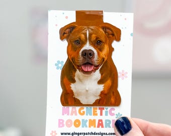 TriColor Pitbull Magnetic Bookmark, Brown White Pit Bull, Tri-Color Dog Bookmark
