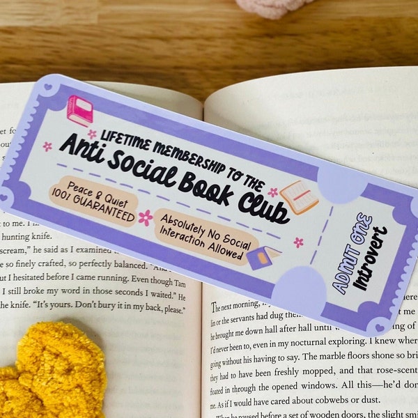 Anti Social Book Club Bookmark, Purple Bookmark, Admission Ticket Bookmarks, Gifts for Introverts, Gifts for Book Lovers