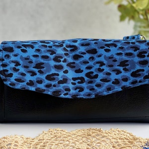 Cartera de leopardo azul para mujer, cartera grande de piel sintética negra, con cremallera, gran capacidad, cartera de viaje con estampado de leopardo.