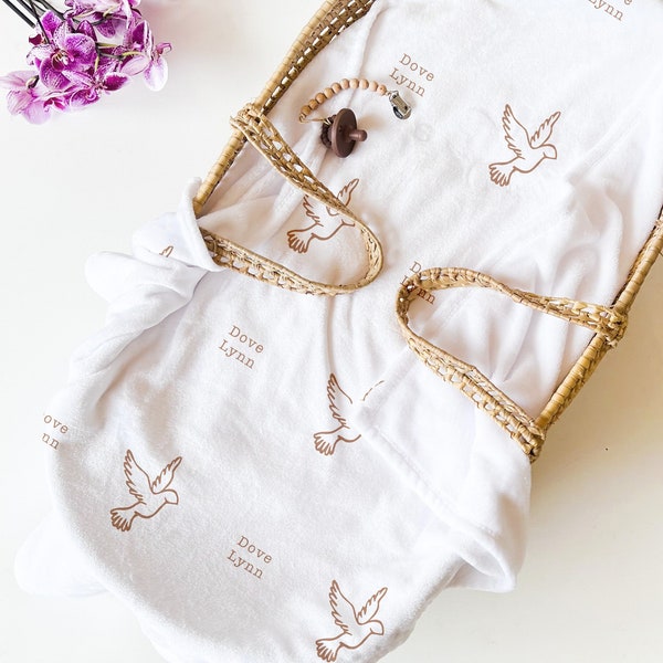 Dove Print Minky Fleece Blanket, Available in 3 Styles & Baby, Toddler, Child and Adult Sizes, Cute Newborn Baptism Themed Gift