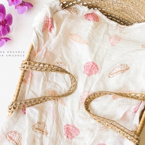 Seashell Muslin Baby Blanket: Organic Bamboo Cotton Swaddle, Beach Nursery Decor