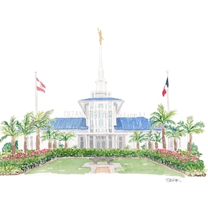 Könnte beinhalten: Ein Aquarellbild einer weißen Kirche mit blauem Dach und zwei Flaggen. Die Kirche hat einen hohen Turm mit einem goldenen Engel auf der Spitze. Die Flaggen sind die amerikanische und die Flagge des Bundesstaates Utah. Die Kirche ist von Palmen und Blumen umgeben.