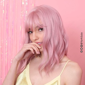 Pink Bob Cut Short Synthetic Wig Natural Looking Hair No Lace Front Short Wig With Bangs Water Wavy Heat Resistant image 5