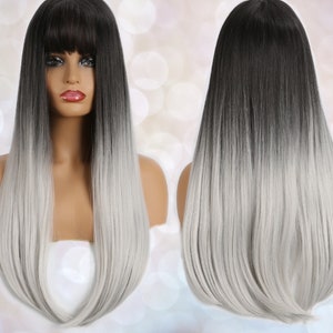 Black to Silver Straight Wig for Black & White Women Natural Look Hair Long Dark Roots Bangs Synthetic Wigs Long Straight Heat Resistant image 1