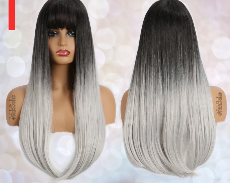 Black to Silver Straight Wig for Black & White Women Natural Look Hair Long Dark Roots Bangs Synthetic Wigs Long Straight Heat Resistant image 1