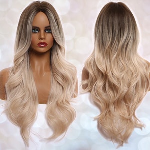 Gesicht Balayage Braun bis Blonde Lange Synthetische Perücke | Natural Looking Hair No Lace Front Long Perücke | Wasser wellige | Hitzebeständig