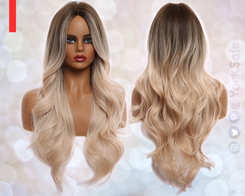 Face Balayage Brown to Blonde Long Synthetic Wig Natural Looking Hair No Lace Front Long Wig Water Wavy Heat Resistant image 1