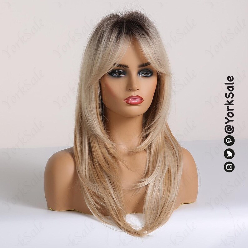 Dark Rooted Blonde Ombre Synthetic Wig with Bangs for Black & White Women, Natural Look Hair No Lace Front Long Length Wig, Heat Resistant image 3