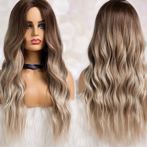 Dark Rooted Ash Blonde Ombre Water Wave Synthetic Wig for Black & White Women | Natural Look Hair, Heat Resistant | Long Layered | Dark Root