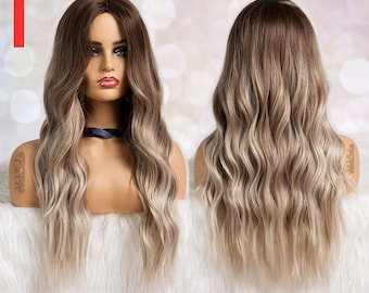 Dunkelwurzelnde Esche Blonde Ombre Wasserwelle Synthetische Perücke für Schwarz & Weiß Frauen | Natürliches Look Haar, hitzebeständig | Langlagige | Dunkle Wurzel