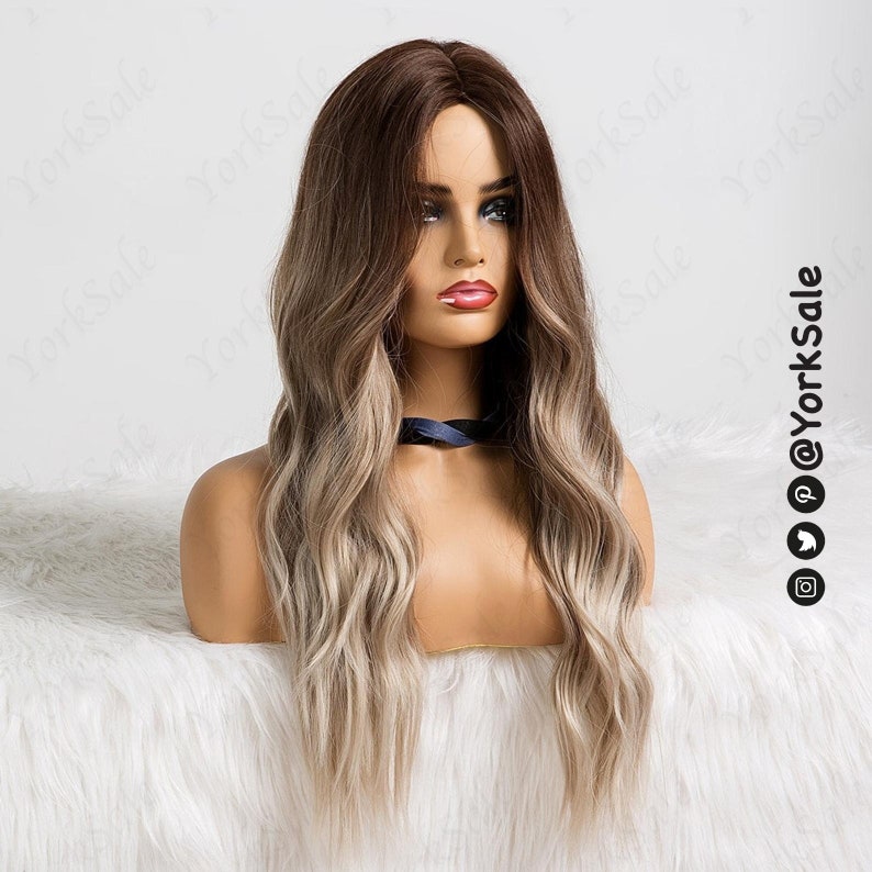 Perruque synthétique Dark Rooted Ash Blonde Ombre Water Wave pour femme noir et blanc Cheveux daspect naturel, résistant à la chaleur à longues couches Racine sombre image 3