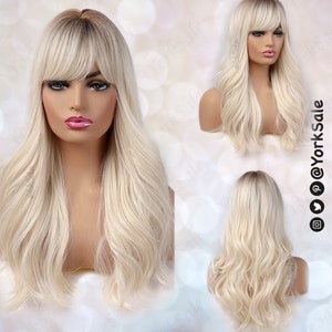 Alia Curled Long Light Gold Blonde with Dark Roots Synthetic Wig with Bangs for Black & White Women Natural Look Hair Heat Resistant image 1