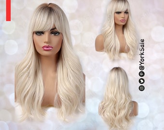 Alia Curled Long Light Gold Blonde with Dark Roots Synthetic Wig with Bangs for Black & White Women / Natural Look Hair / Heat Resistant