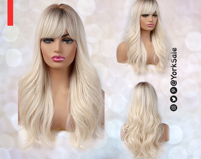 Alia Curled Long Light Gold Blonde with Dark Roots Synthetic Wig with Bangs for Black & White Women | Natural Look Hair | Heat Resistant