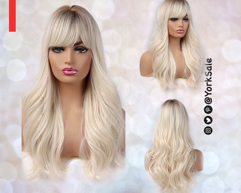 Alia Curled Long Light Gold Blonde with Dark Roots Synthetic Wig with Bangs for Black & White Women Natural Look Hair Heat Resistant image 1