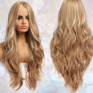 Longue blonde ondulée avec perruque synthétique Highlights pour femme noir et blanc de cheveux daspect naturel résistant à la chaleur en couches Ombre légère image 1