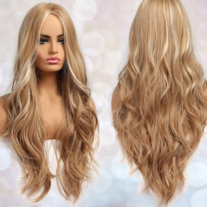 Long Wavy Blonde with Highlights Synthetic Wig for Black & White Women Natural Look Hair Heat Resistant Layered Light Ombre image 1