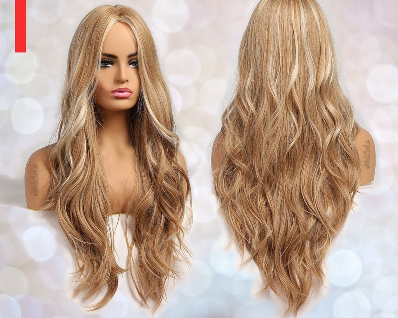 Long Wavy Blonde with Highlights Synthetic Wig for Black & White Women Natural Look Hair Heat Resistant Layered Light Ombre image 1
