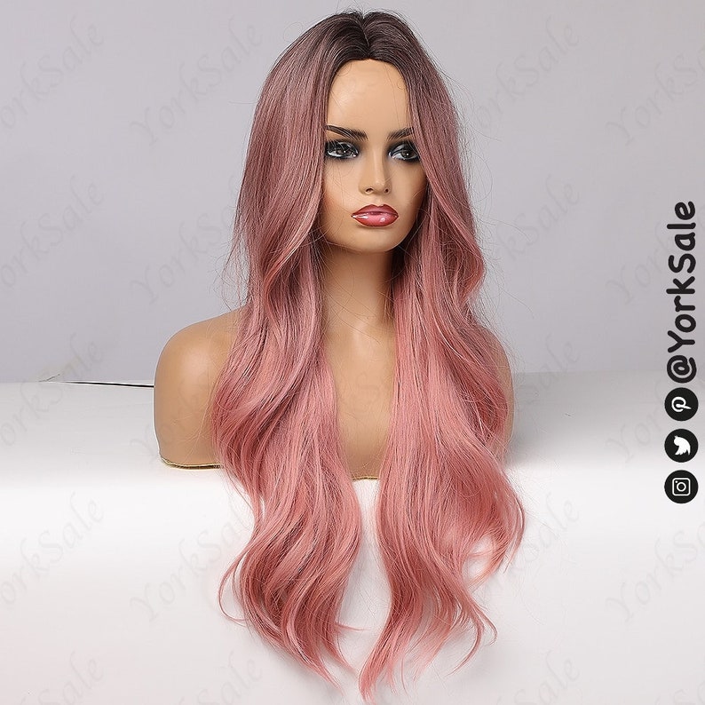 Dark Root Pink Ombre Synthetic Wig for Black & White Women, Natural Look Hair No Lace Front Long Wig Heat Resistant, Long Wavy Layered Ombre image 4